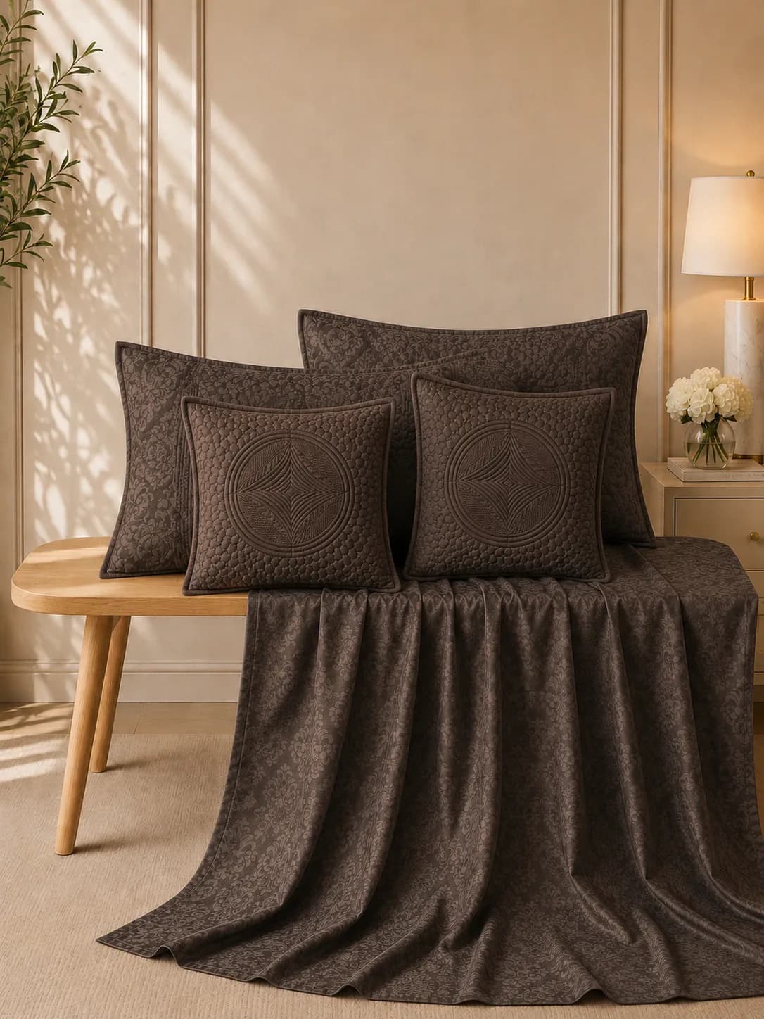 Anokhi 5 Piece Hand Quilted Luxury Bedding Set | 108x108 Inches bedsheet | 19x29 Hand Quilted Pillow Covers | 16x16 Inches Hand Quilted Cushion Covers