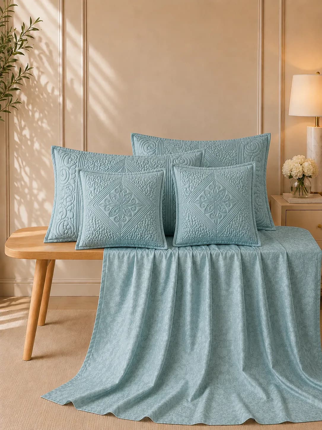 Anokhi 5 Piece Hand Quilted Luxury Bedding Set | 108x108 Inches bedsheet | 19x29 Hand Quilted Pillow Covers | 16x16 Inches Hand Quilted Cushion Covers