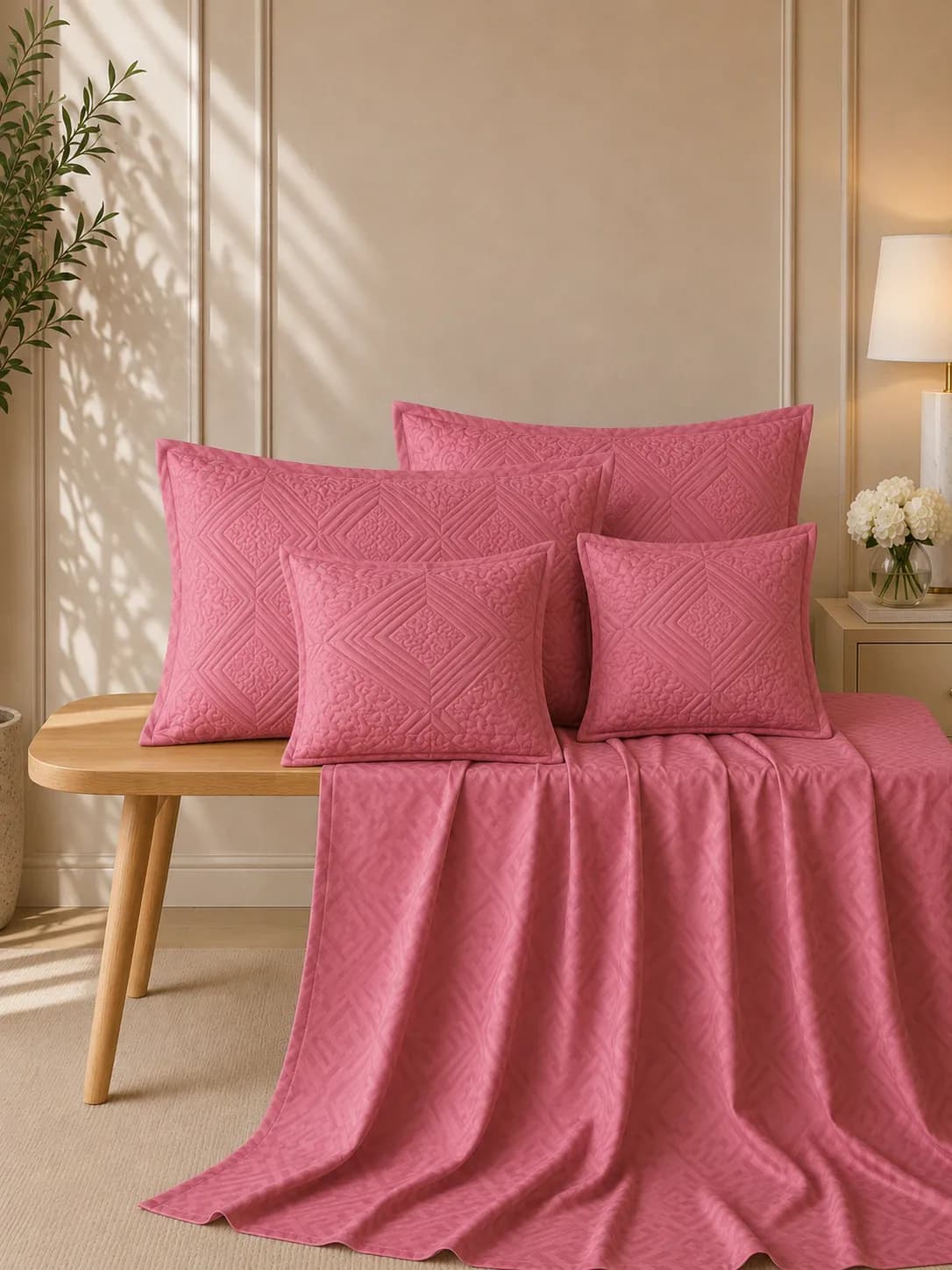 Anokhi 5 Piece Hand Quilted Luxury Bedding Set | 108x108 Inches bedsheet | 19x29 Hand Quilted Pillow Covers | 16x16 Inches Hand Quilted Cushion Covers