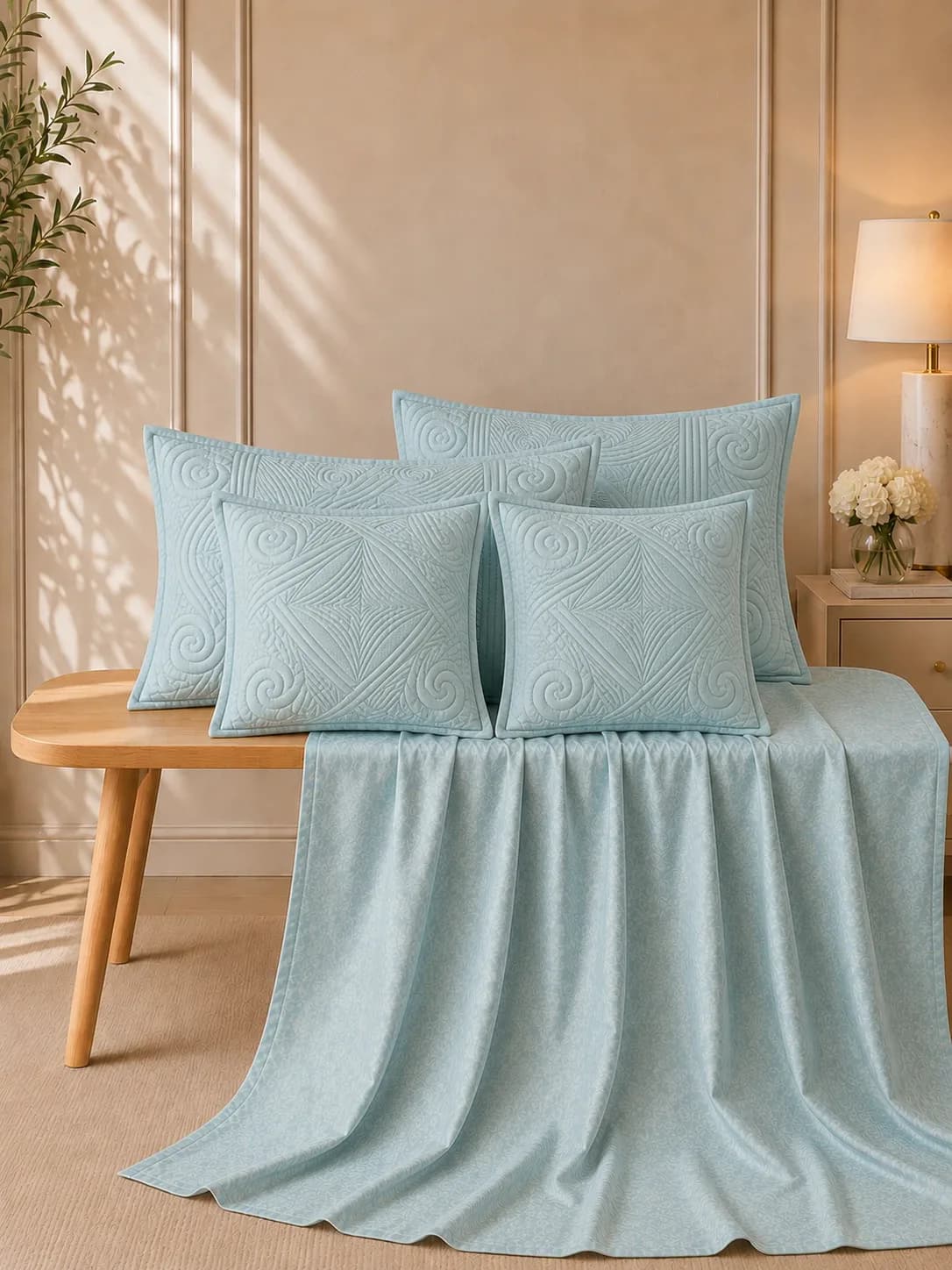 Anokhi 5 Piece Hand Quilted Luxury Bedding Set | 108x108 Inches bedsheet | 19x29 Hand Quilted Pillow Covers | 16x16 Inches Hand Quilted Cushion Covers