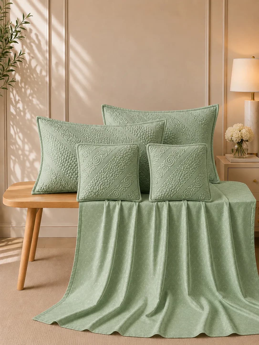 Anokhi 5 Piece Hand Quilted Luxury Bedding Set | 108x108 Inches bedsheet | 19x29 Hand Quilted Pillow Covers | 16x16 Inches Hand Quilted Cushion Covers