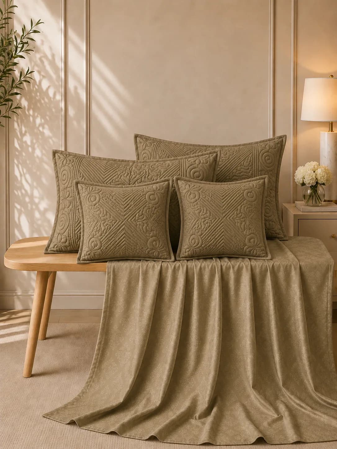 Anokhi 5 Piece Hand Quilted Luxury Bedding Set | 108x108 Inches bedsheet | 19x29 Hand Quilted Pillow Covers | 16x16 Inches Hand Quilted Cushion Covers