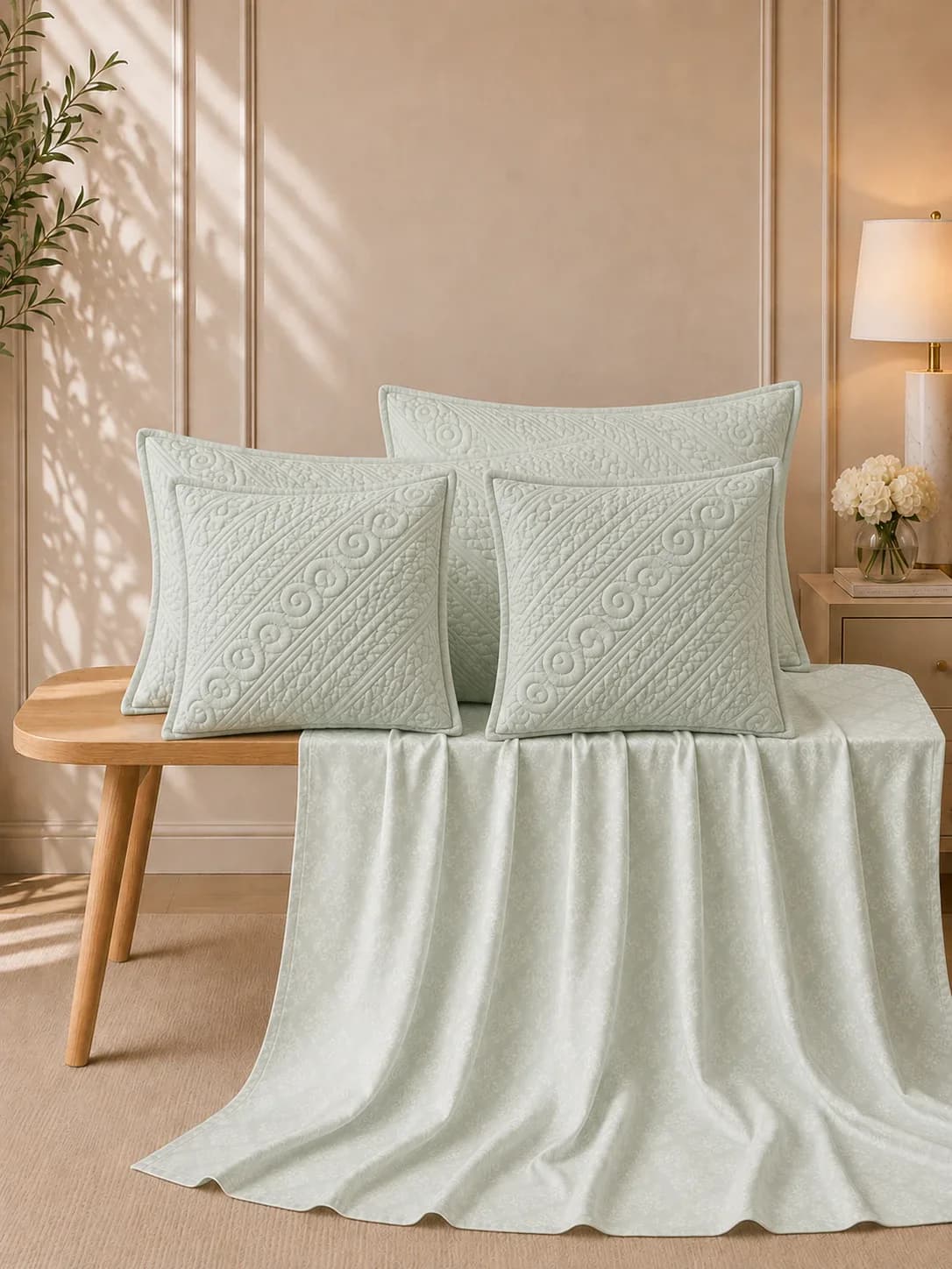 Anokhi 5 Piece Hand Quilted Luxury Bedding Set | 108x108 Inches bedsheet | 19x29 Hand Quilted Pillow Covers | 16x16 Inches Hand Quilted Cushion Covers
