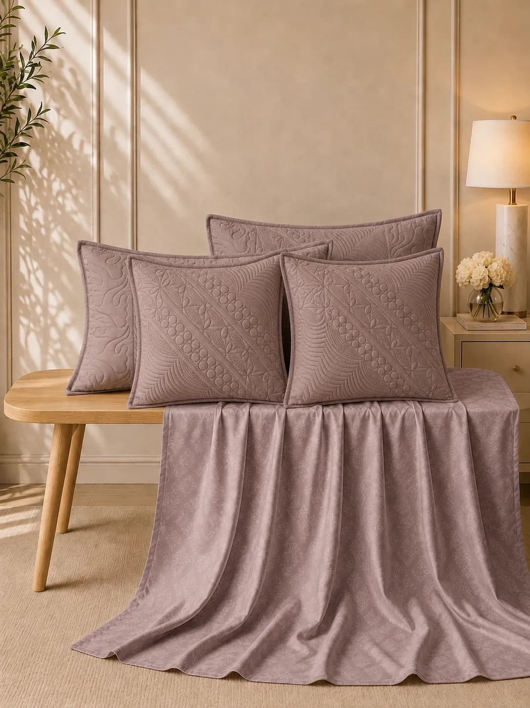 Anokhi 5 Piece Hand Quilted Luxury Bedding Set | 108x108 Inches bedsheet | 19x29 Hand Quilted Pillow Covers | 16x16 Inches Hand Quilted Cushion Covers