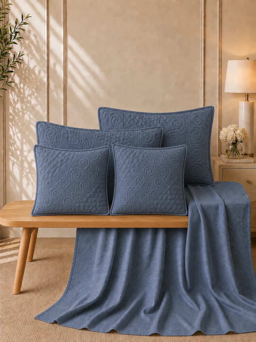 Anokhi 5 Piece Hand Quilted Luxury Bedding Set | 108x108 Inches bedsheet | 19x29 Hand Quilted Pillow Covers | 16x16 Inches Hand Quilted Cushion Covers