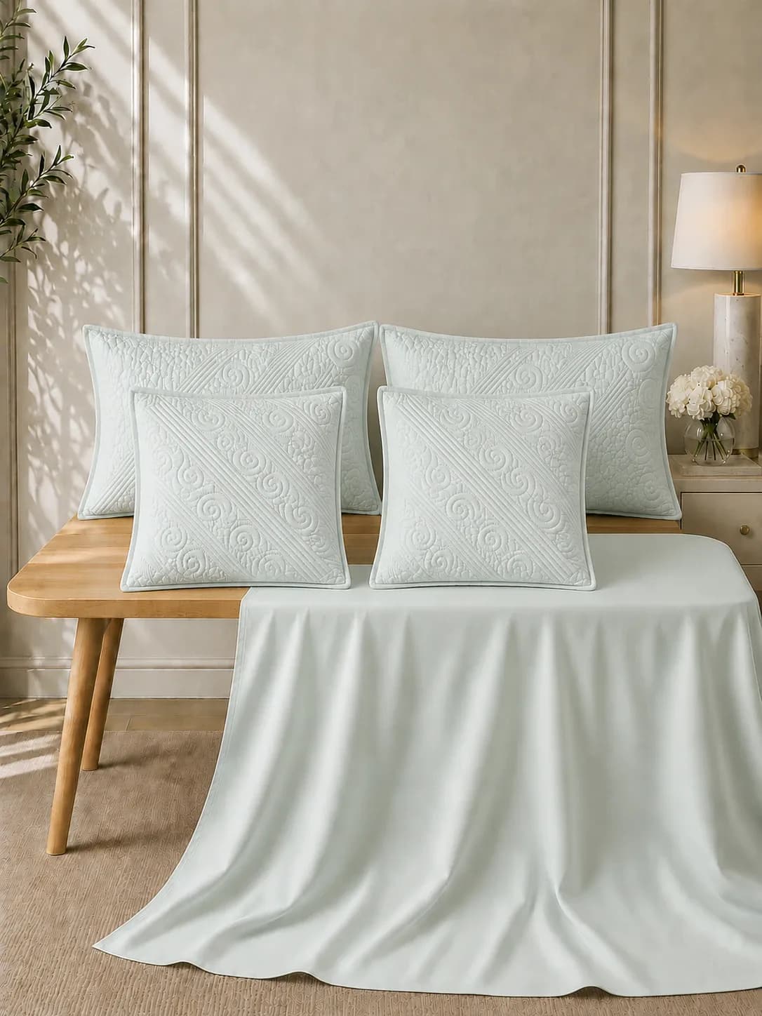 Anokhi 5 Piece Hand Quilted Luxury Bedding Set | 108x108 Inches bedsheet | 19x29 Hand Quilted Pillow Covers | 16x16 Inches Hand Quilted Cushion Covers