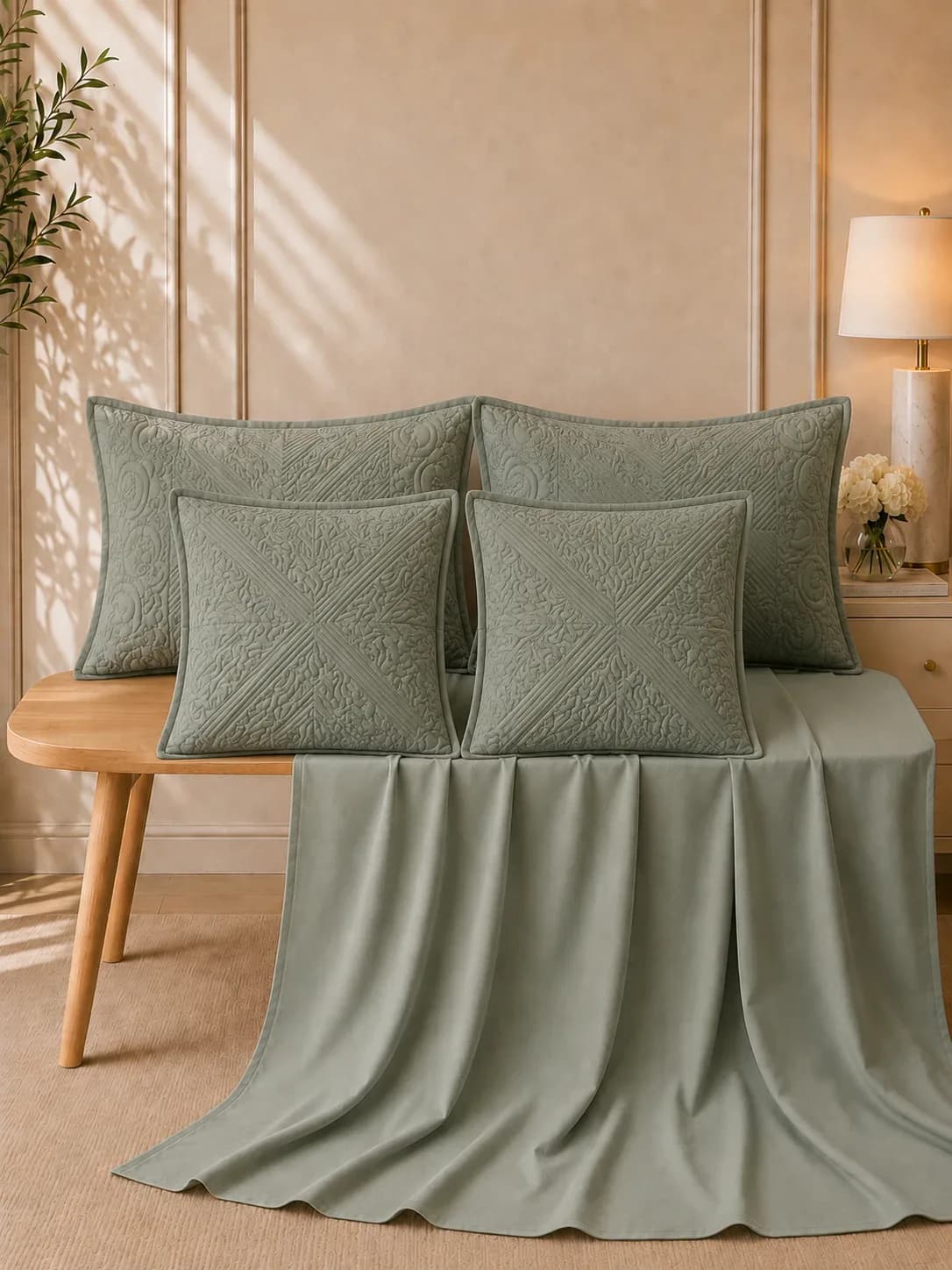 Anokhi 5 Piece Hand Quilted Luxury Bedding Set | 108x108 Inches bedsheet | 19x29 Hand Quilted Pillow Covers | 16x16 Inches Hand Quilted Cushion Covers