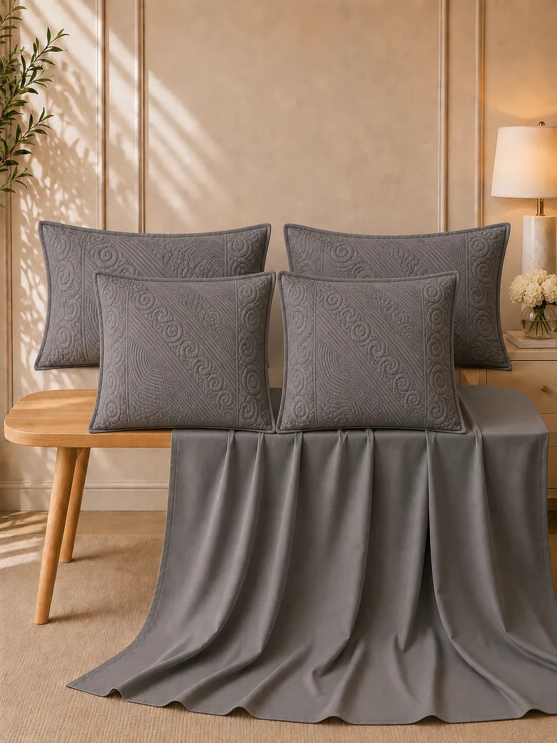 Anokhi 5 Piece Hand Quilted Luxury Bedding Set | 108x108 Inches bedsheet | 19x29 Hand Quilted Pillow Covers | 16x16 Inches Hand Quilted Cushion Covers
