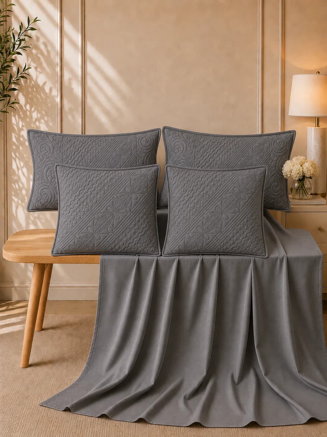 Anokhi 5 Piece Hand Quilted Luxury Bedding Set | 108x108 Inches bedsheet | 19x29 Hand Quilted Pillow Covers | 16x16 Inches Hand Quilted Cushion Covers