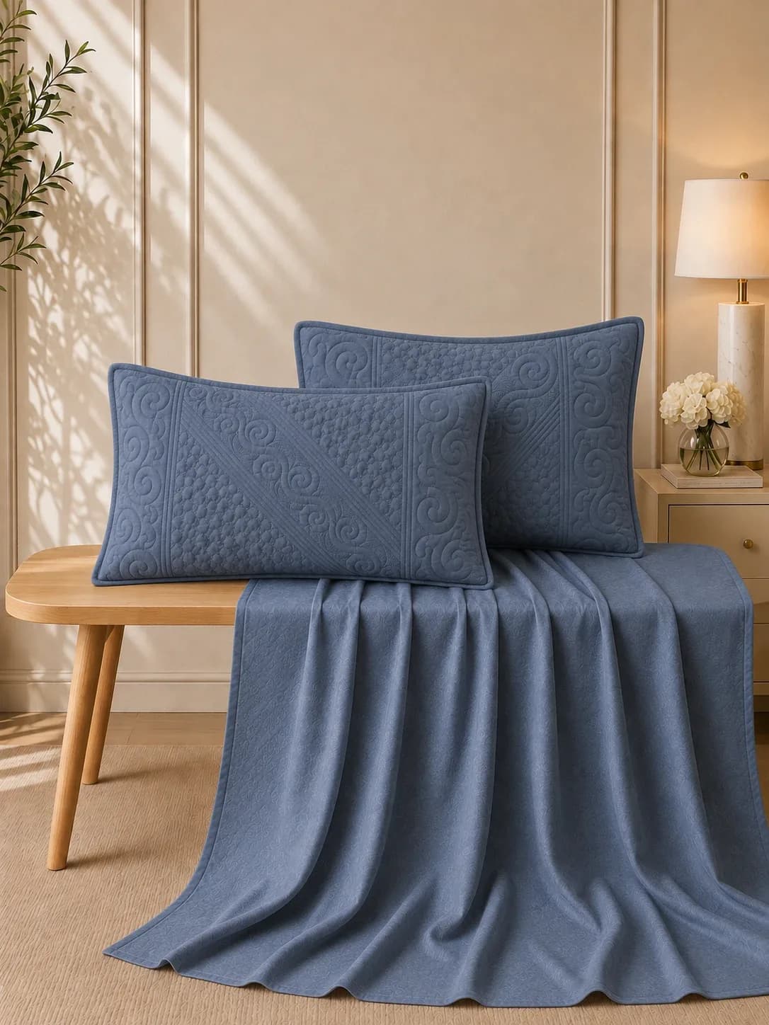 Anokhi 3 Piece Hand Quilted Luxury Bedding Set | 108x108 Inches bedsheet | 19x29 Hand Quilted Pillow Covers
