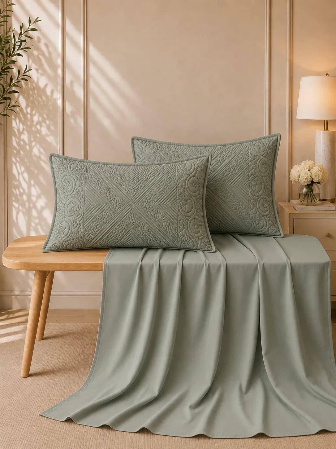 Anokhi 3 Piece Hand Quilted Luxury Bedding Set | 108x108 Inches bedsheet | 19x29 Hand Quilted Pillow Covers