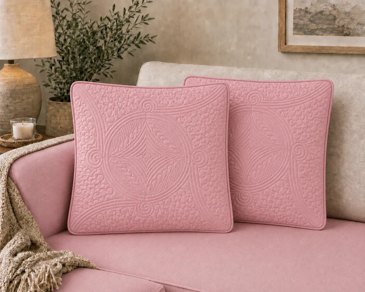 Anokhi Hand Quilted Cushion Covers | Set of 2 | 16x16 Inches | Cushion Fillers included