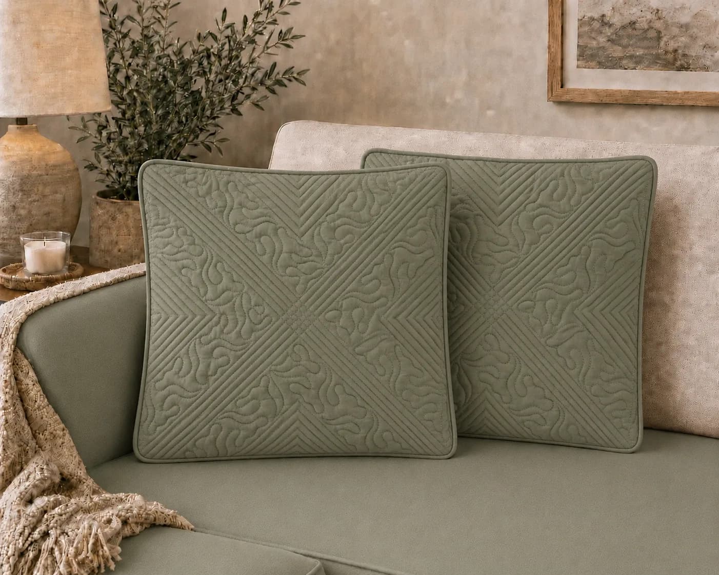 Anokhi Hand Quilted Cushion Covers | Set of 2 | 16x16 Inches | Cushion Fillers included