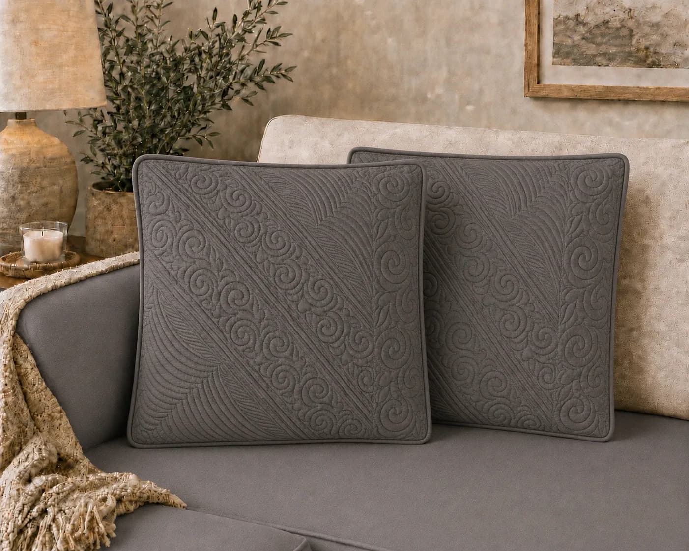 Anokhi Hand Quilted Cushion Covers | Set of 2 | 16x16 Inches | Cushion Fillers included