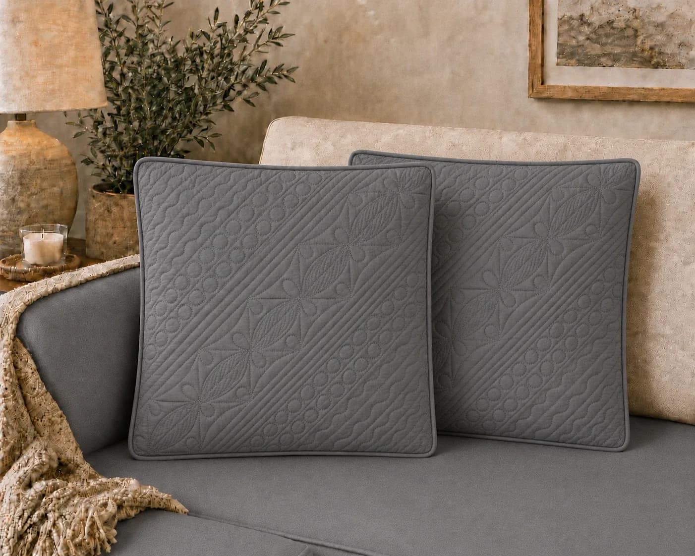 Anokhi Hand Quilted Cushion Covers | Set of 2 | 16x16 Inches | Cushion Fillers included