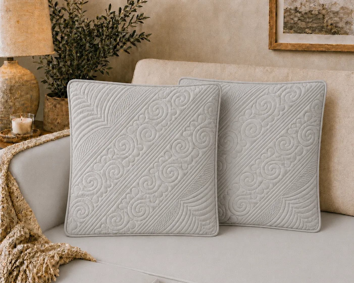 Anokhi Hand Quilted Cushion Covers | Set of 2 | 16x16 Inches | Cushion Fillers included