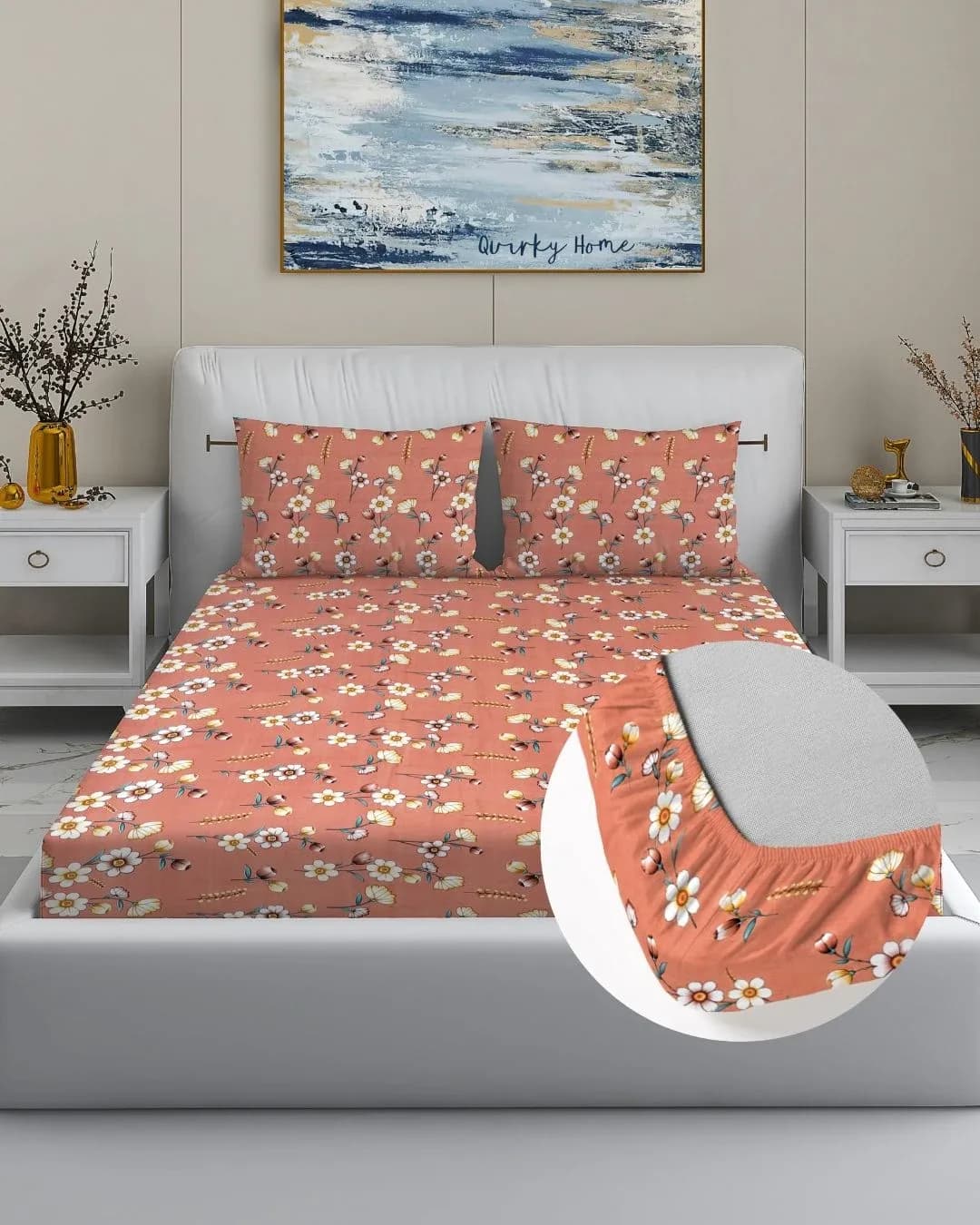 Fantasy Fitted Queen Bedsheet with 2 Pillow Covers | 72x78 Inches fitting upto 8 Inch mattress| Cotton Rich