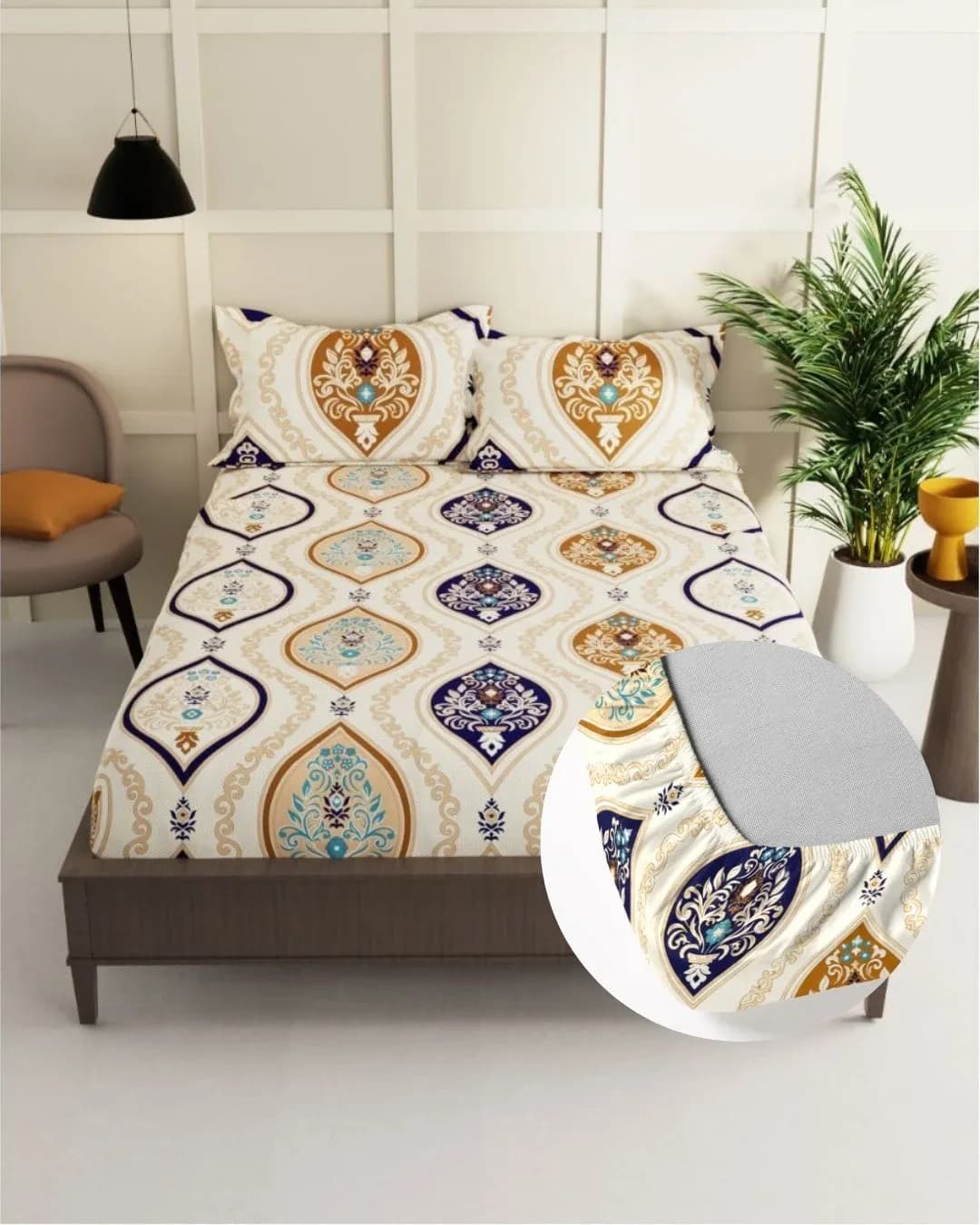 Fantasy Fitted Queen Bedsheet with 2 Pillow Covers | 72x78 Inches fitting upto 8 Inch mattress| Cotton Rich