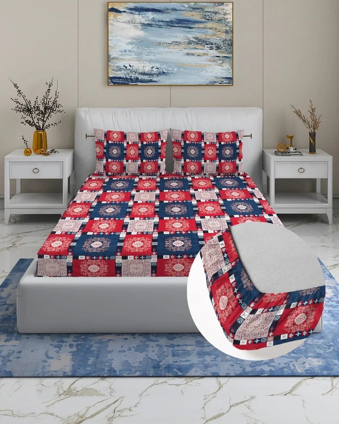 Fantasy Fitted Queen Bedsheet with 2 Pillow Covers | 72x78 Inches fitting upto 8 Inch mattress| Cotton Rich