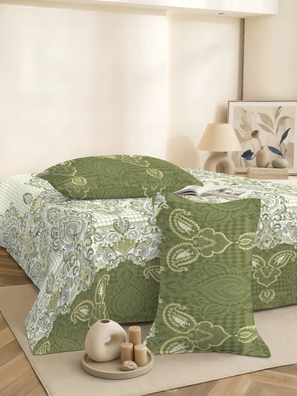 QHxHOMCOT Mughal Prints 100% Pure Cotton King Bedding Set | 108x108 Inches | Green
