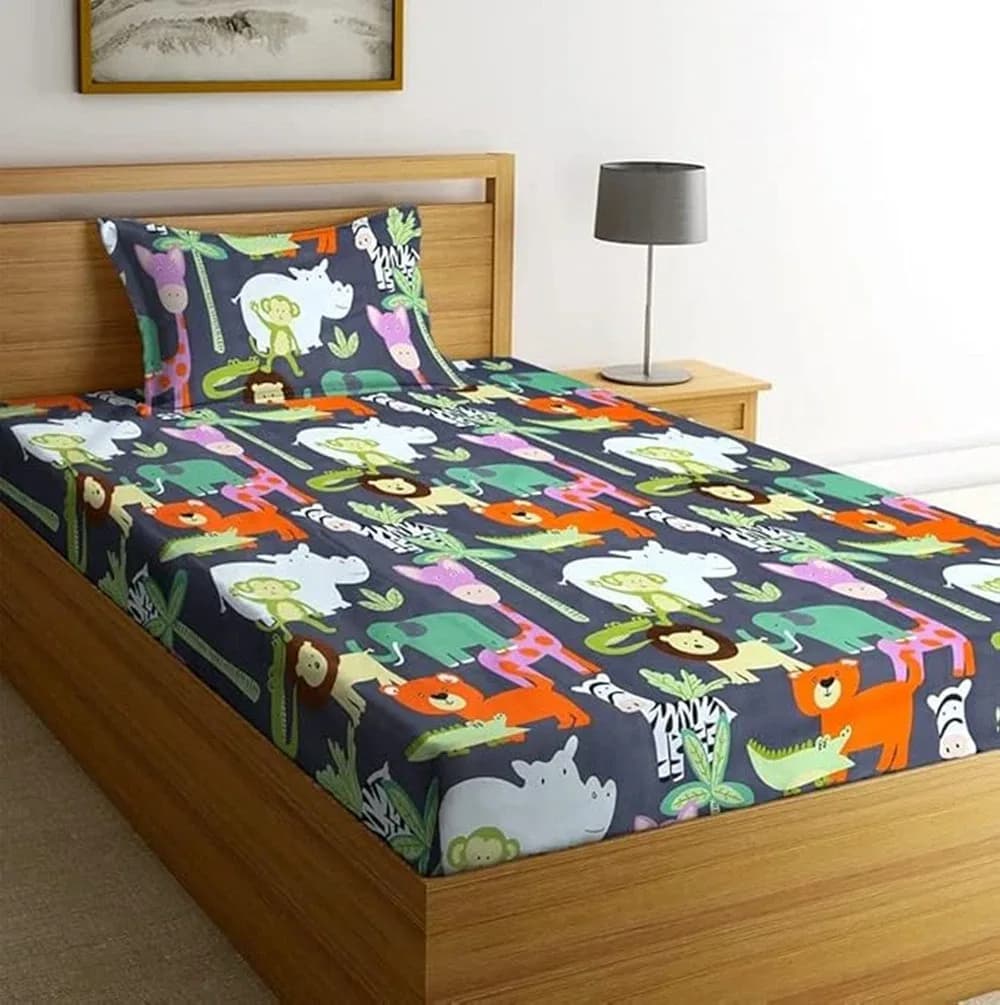 Kids Animal Printed Single Bedsheet with 1 Pillow Cover