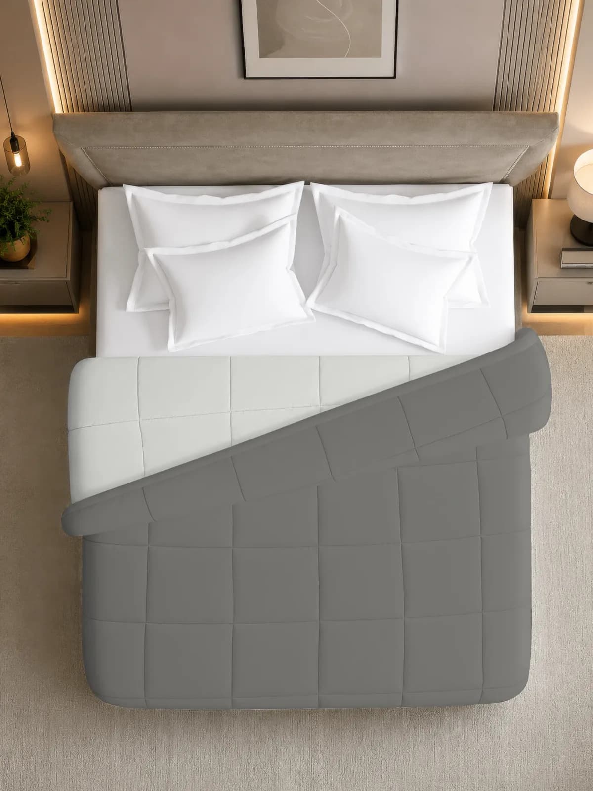 NEST SOLID DOUBLE REVERSIBLE BED COMFORTER | AC BLANKET - ASH GREY & PEARL WHITE