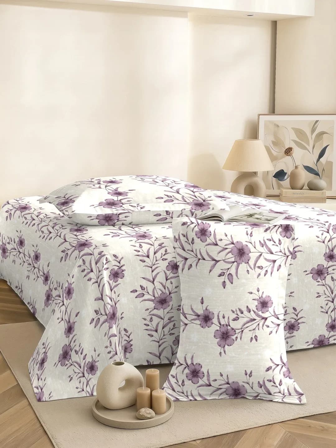 QHxHOMCOT Climbing Clematis 100% Pure Cotton Percale Super King 3Pc Bedding Set | 110x112 Inches