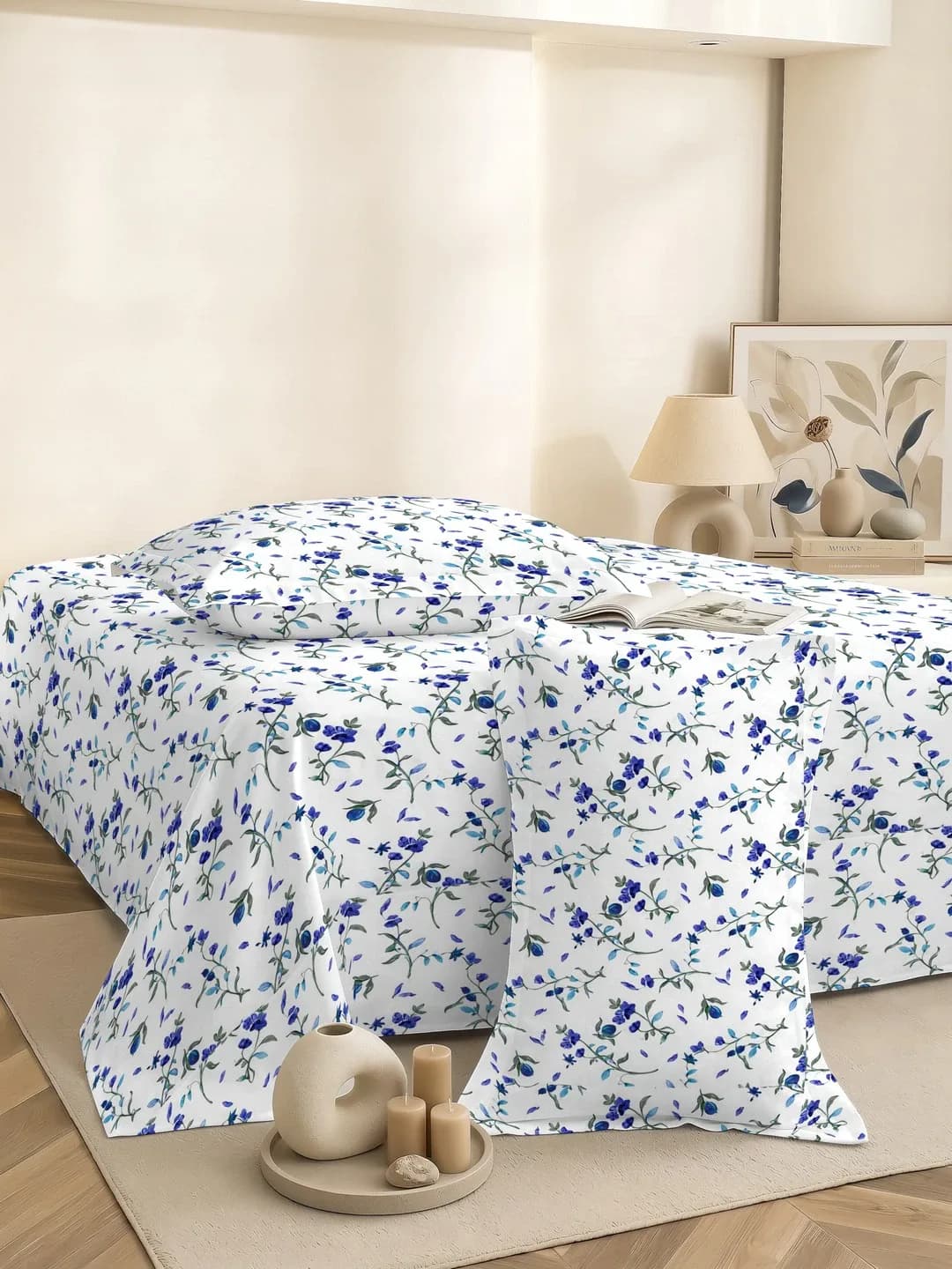 PETAL 180TC PERCALE SUPER KING BEDDING SET - BLUE FLORAL