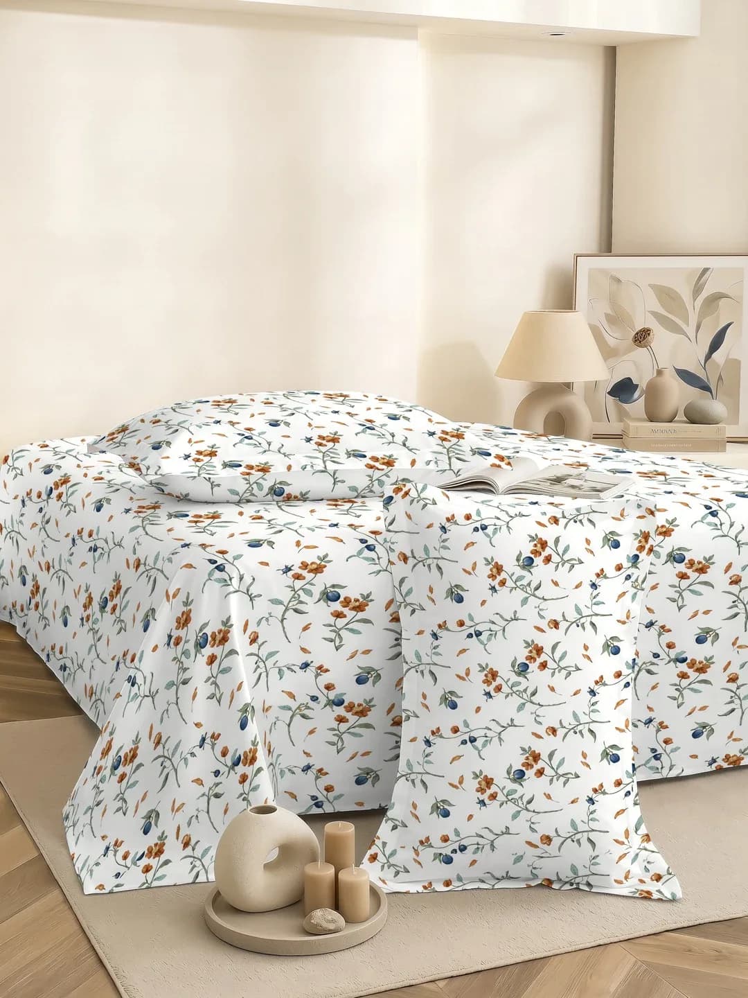 QHxHOMCOT Tulips 100% Pure Cotton Percale Super King 3Pc Bedding Set | 110x112 Inches