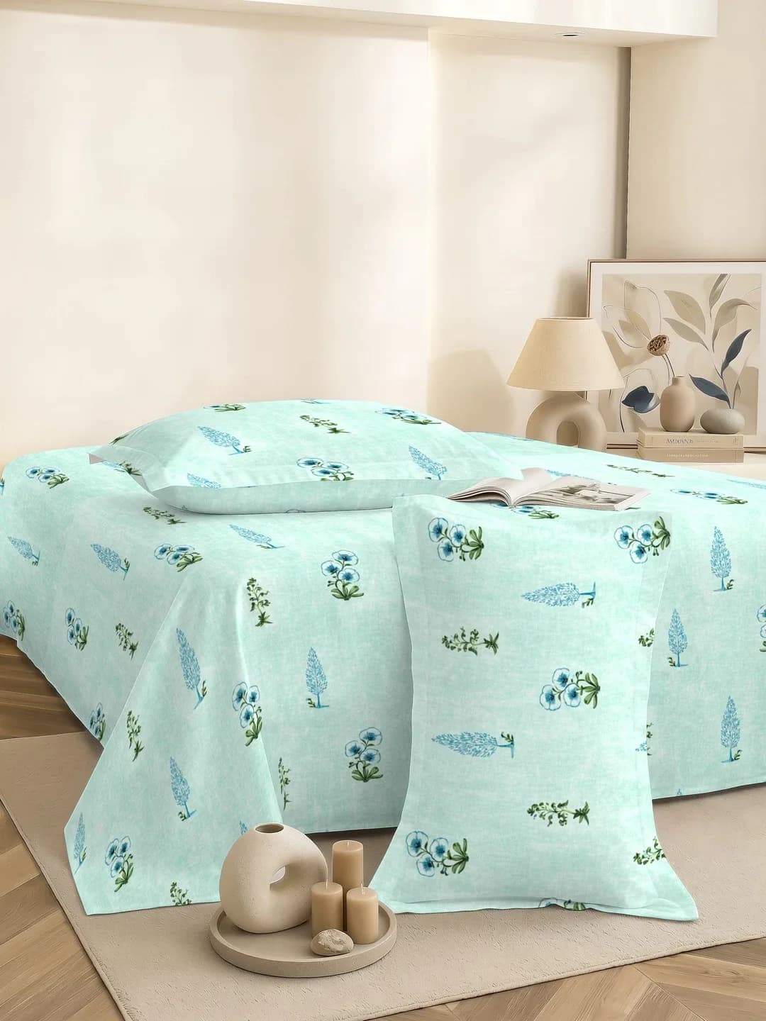 QHxHOMCOT Floral Vines 100% Pure Cotton Percale Super King 3Pc Bedding Set | 110x112 Inches