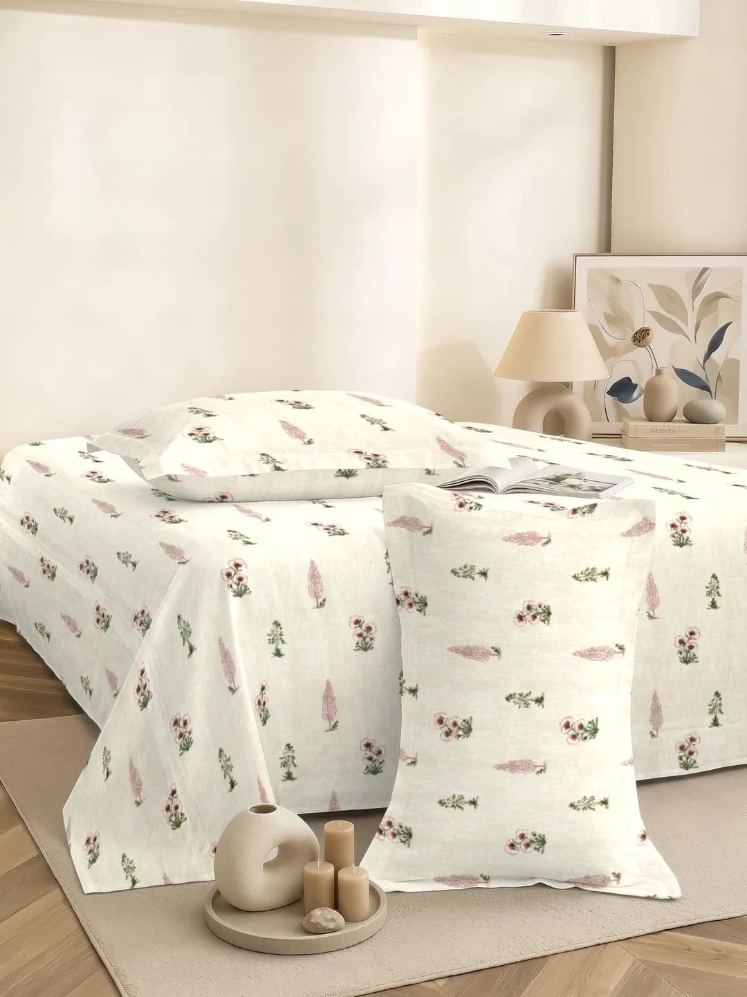 QHxHOMCOT Floral Vines 100% Pure Cotton Percale Super King 3Pc Bedding Set | 110x112 Inches