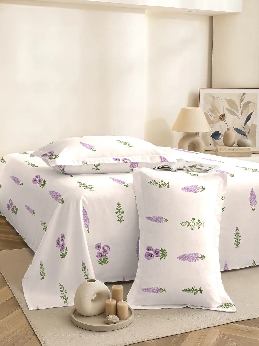 QHxHOMCOT Floral Vines 100% Pure Cotton Percale Super King 3Pc Bedding Set | 110x112 Inches