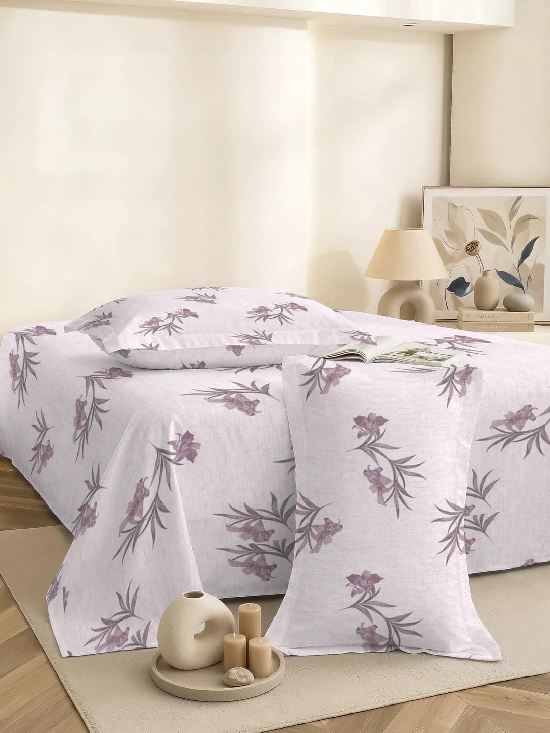 QHxHOMCOT Serene Rose 100% Pure Cotton Percale Queen 3Pc Bedding Set | 90x100 Inches