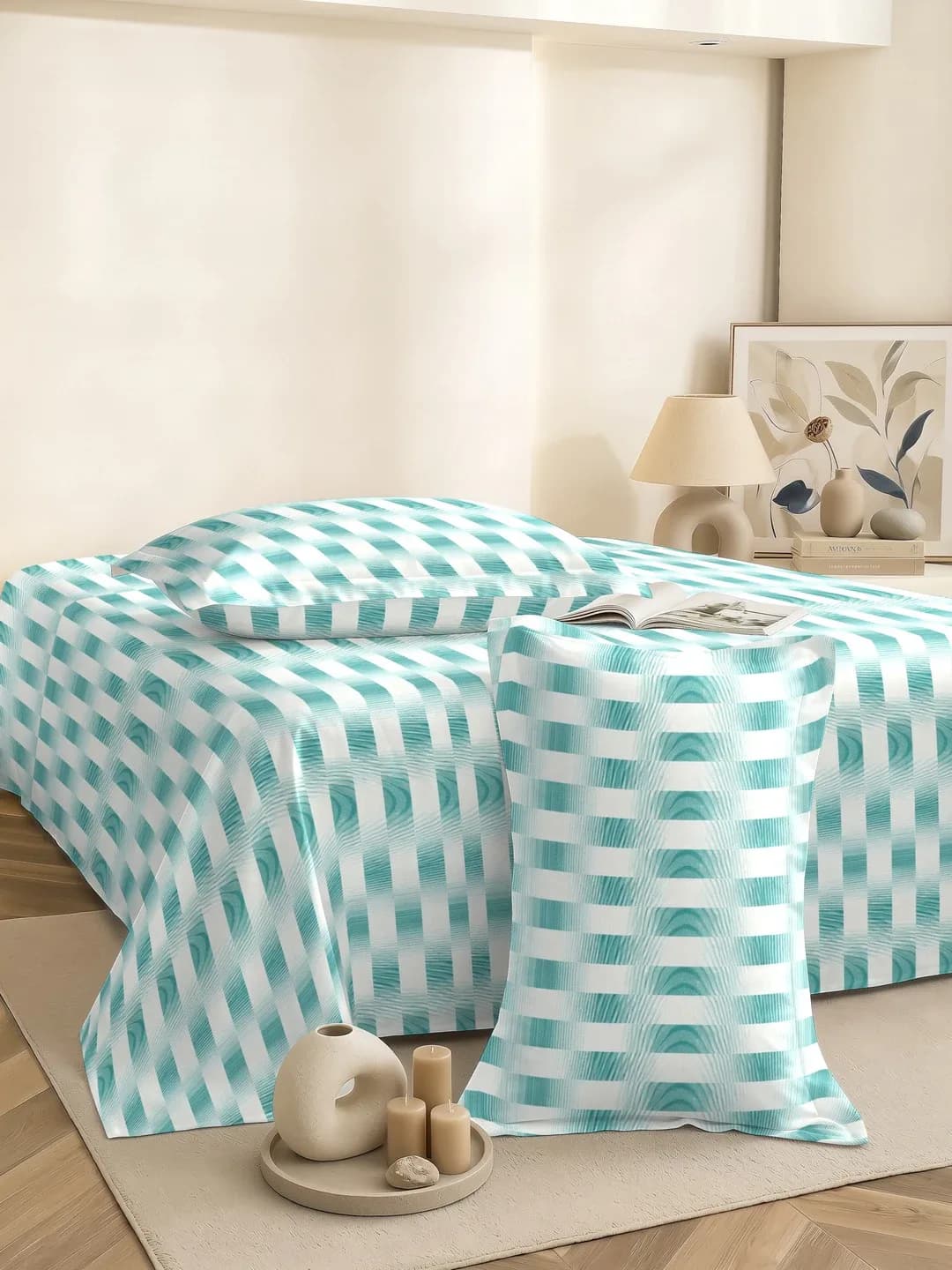 QHxHOMCOT Azure Glass 100% Pure Cotton Percale Queen 3Pc Bedding Set | 90x100 Inches