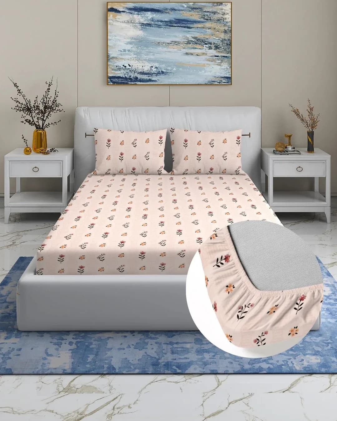 Rome Fitted Queen 3Pc Bedding Set | 72x78 Inches fitting upto 8Inch Mattress| Cotton Rich
