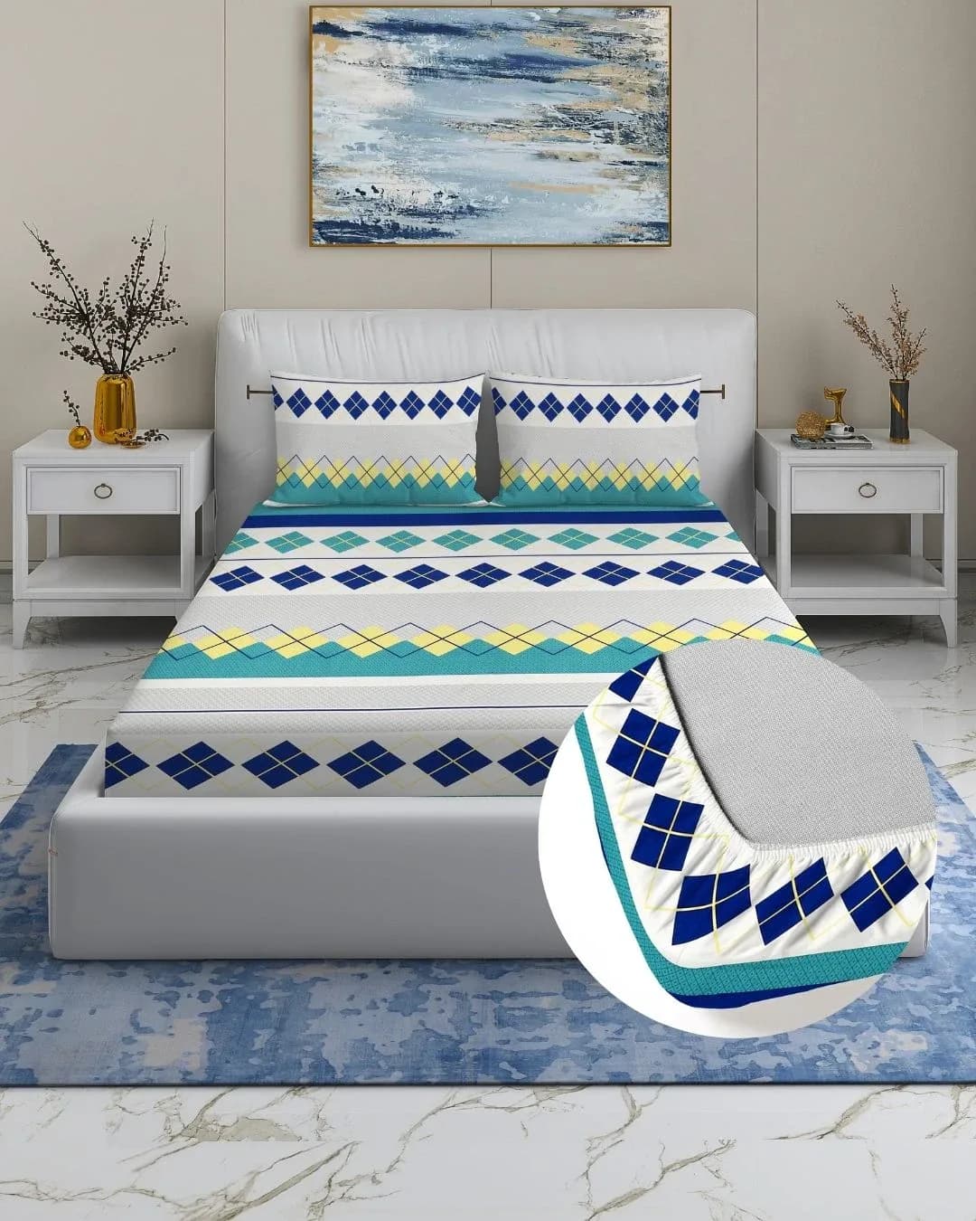 Rome Fitted Queen 3Pc Bedding Set | 72x78 Inches fitting upto 8Inch Mattress| Cotton Rich