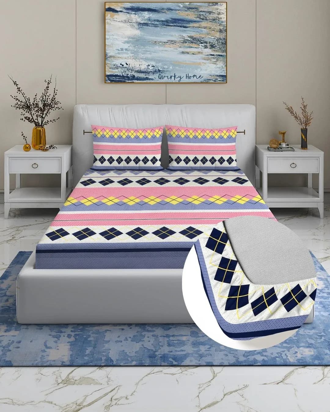 Rome Fitted Queen 3Pc Bedding Set | 72x78 Inches fitting upto 8Inch Mattress| Cotton Rich
