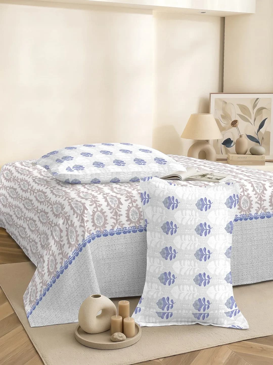 QHxHOMCOT Dual Tones 200TC 100% Pure Cotton 3Pc King Bedding Set | Dual-Tone Contrast Coordinating Pillows | 108x108 Inches
