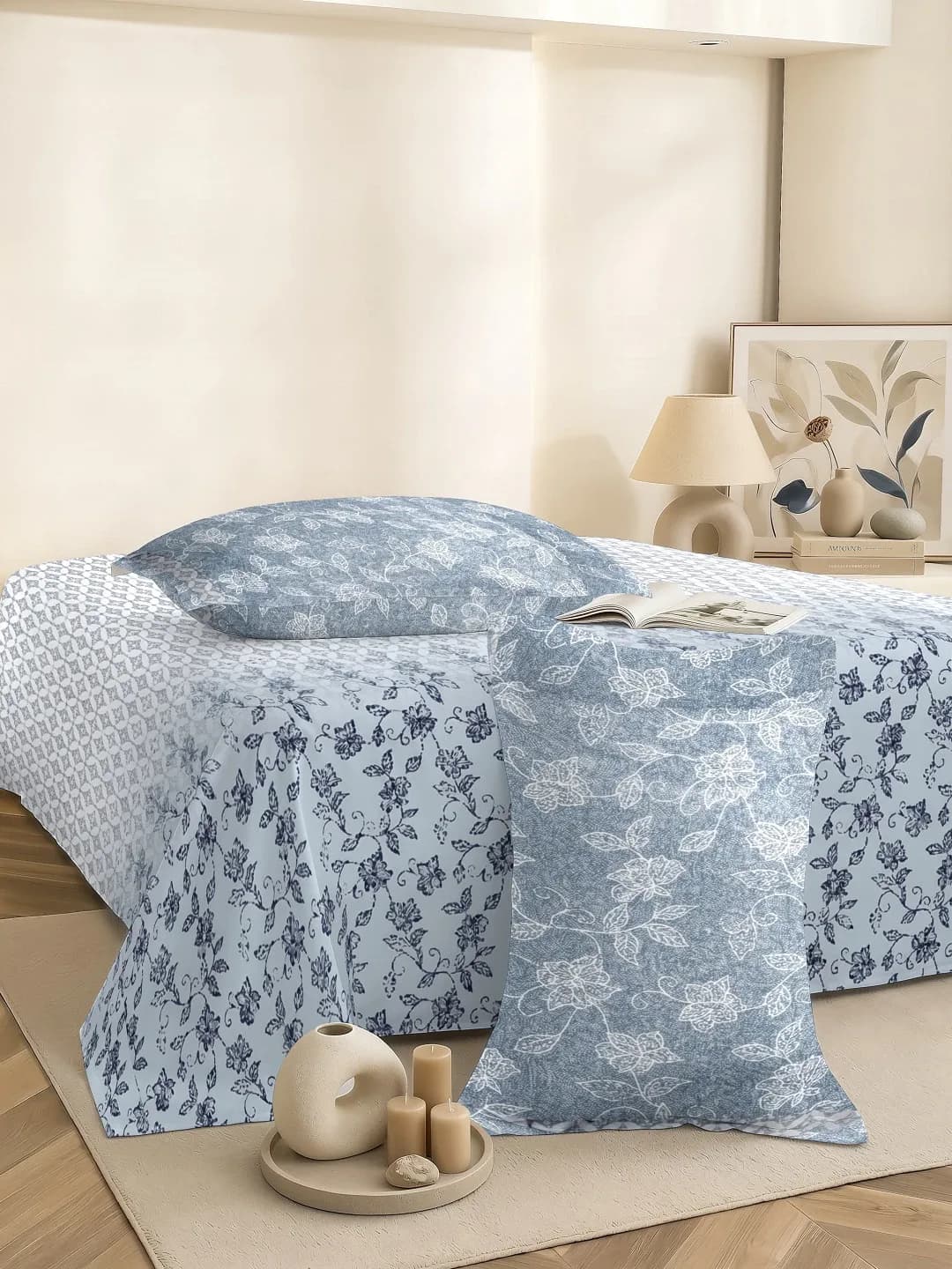 QHxHOMCOT Dual Tones 200TC 100% Pure Cotton 3Pc King Bedding Set | Dual-Tone Contrast Coordinating Pillows | 108x108 Inches