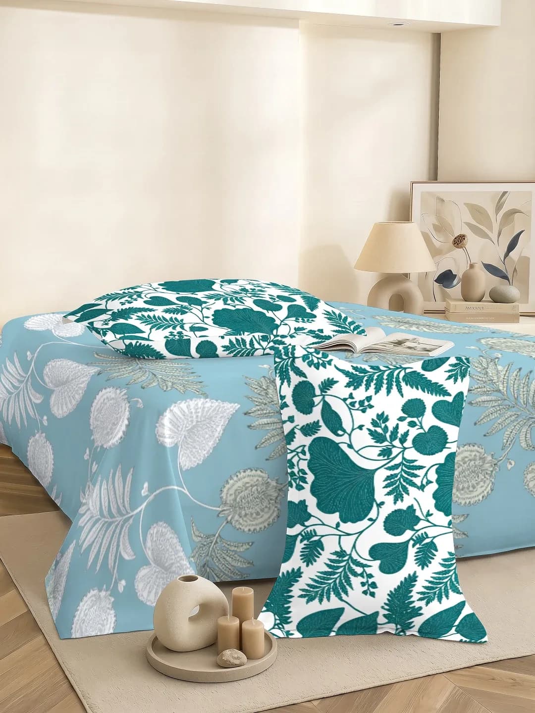 QHxHOMCOT Dual Tones 200TC 100% Pure Cotton 3Pc King Bedding Set | Dual-Tone Contrast Coordinating Pillows | 108x108 Inches