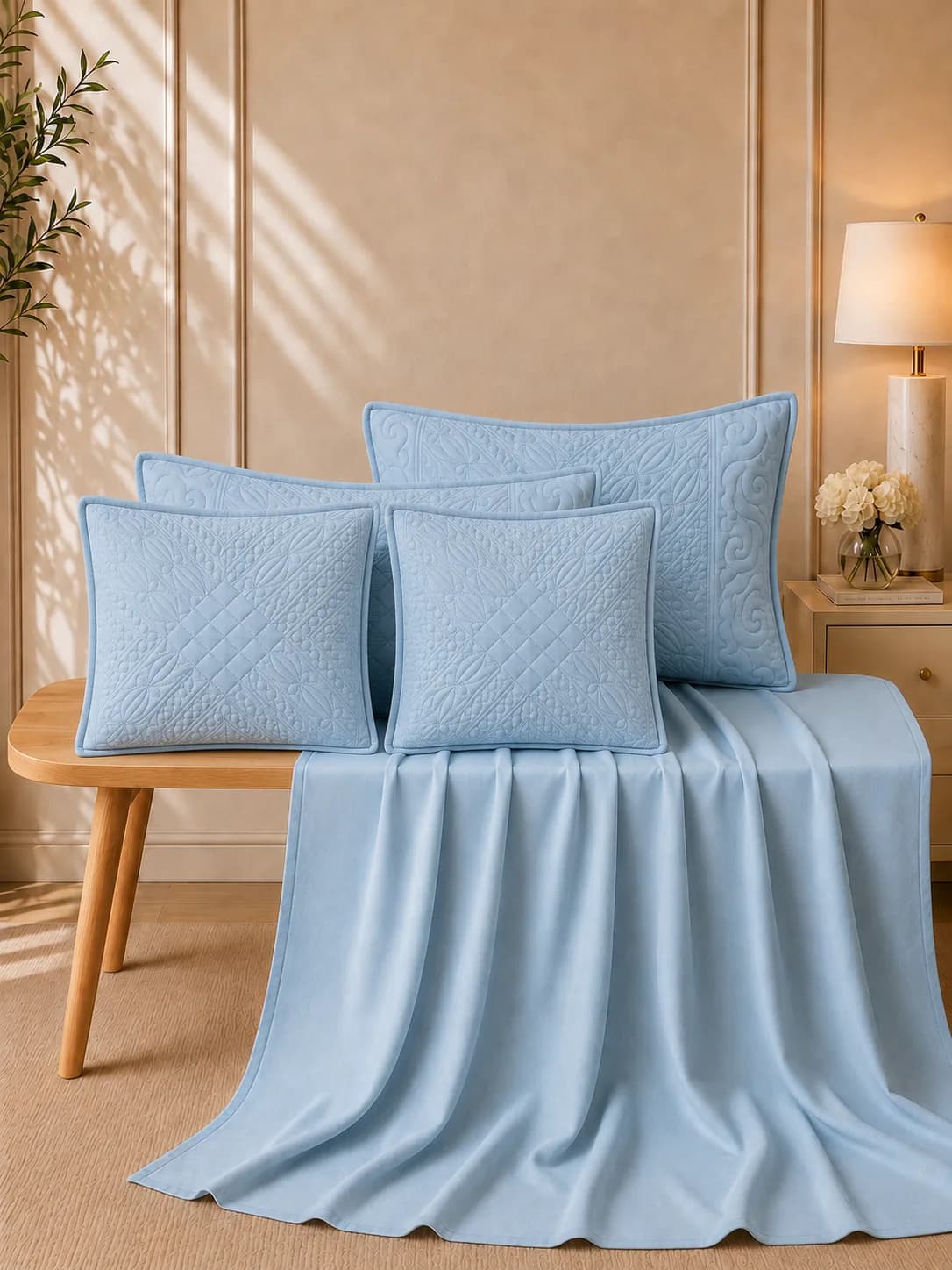 Anokhi 5 Piece Hand Quilted Luxury Bedding Set | 108x108 Inches bedsheet | 19x29 Hand Quilted Pillow Covers | 16x16 Inches Hand Quilted Cushion Covers