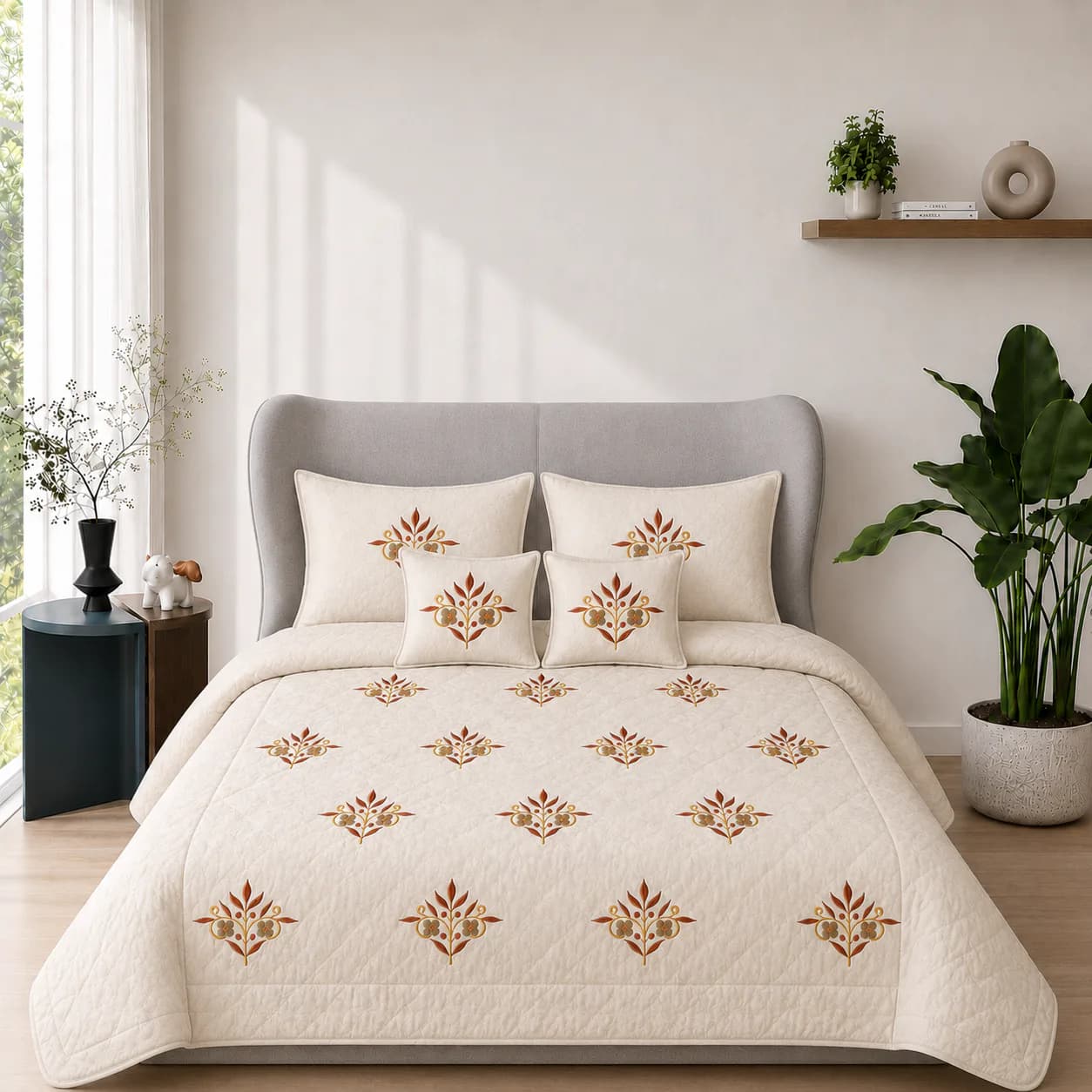 Embroidery Hand Quilted Bedding In A Bag Set (Ivory) - Six Piece Set