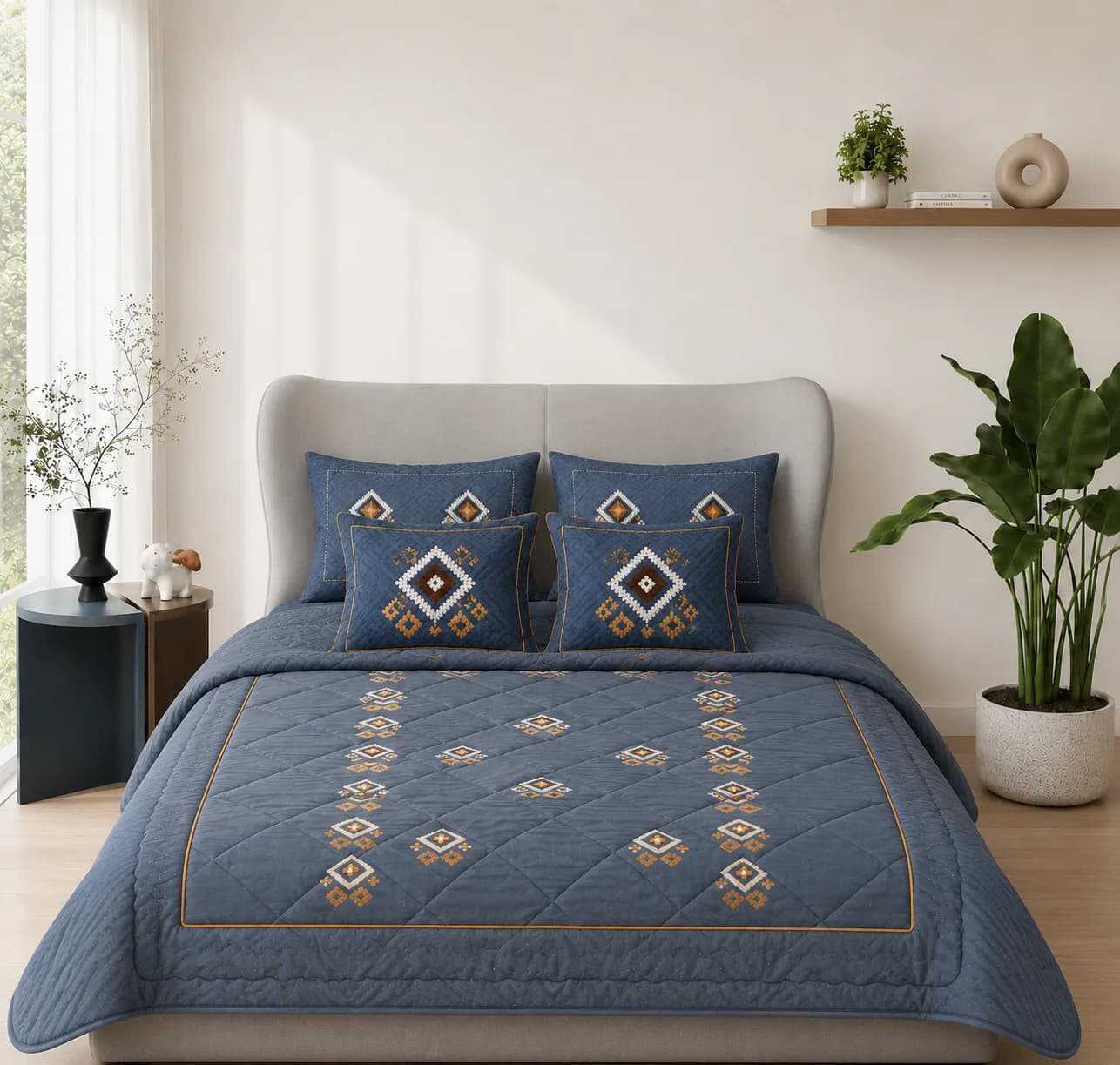 Embroidery Hand Quilted Bedding In A Bag Set (Navy Blue) - Six Piece Set