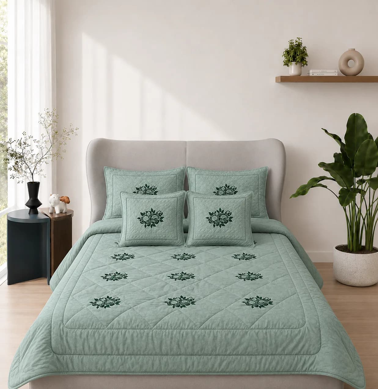 Embroidery Hand Quilted Bedding In A Bag Set (Sea Green) - Six Piece Set