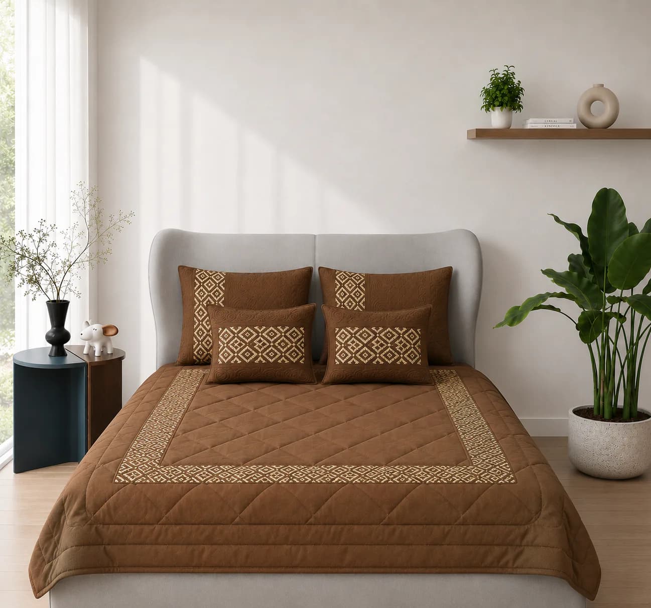 Embroidery Hand Quilted Bedding In A Bag Set (Taupe) - Six Piece Set