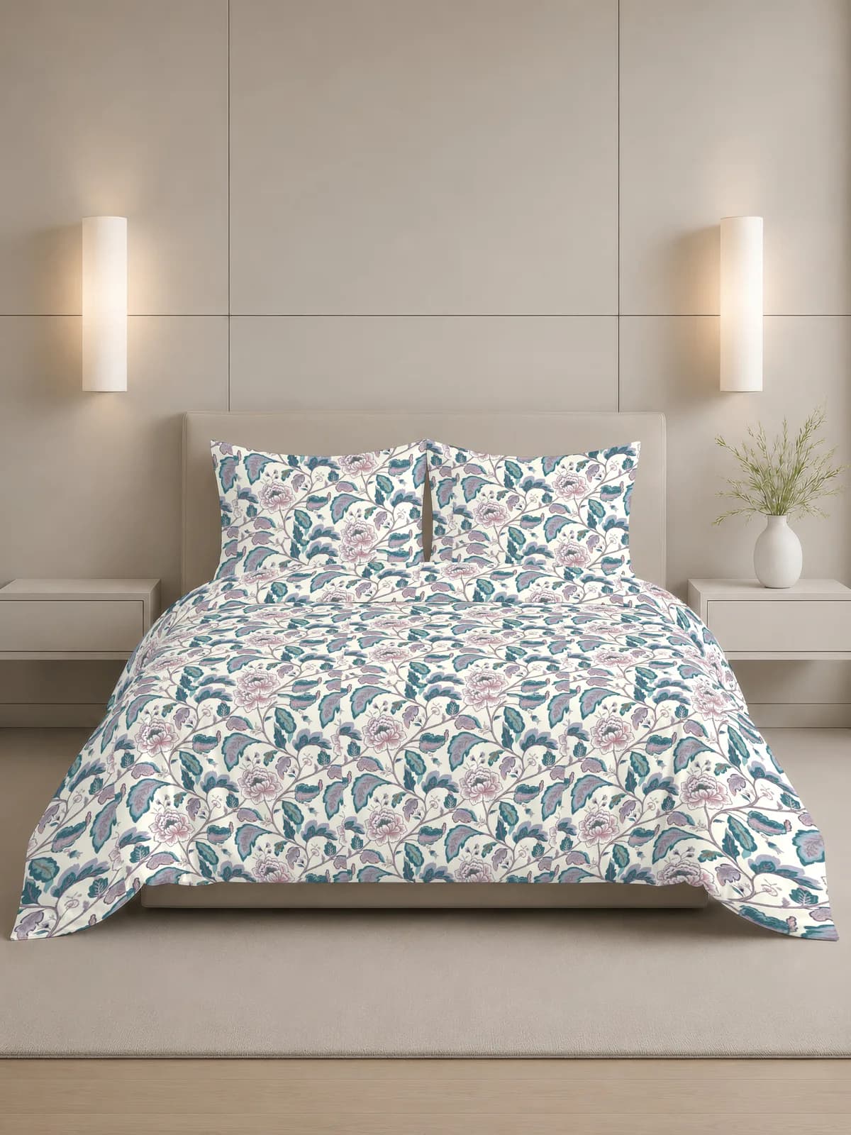 QHxHOMCOT Meadow Bloom 180 TC 100% Pure Cotton Double Bedding Set | 90x100 Inches