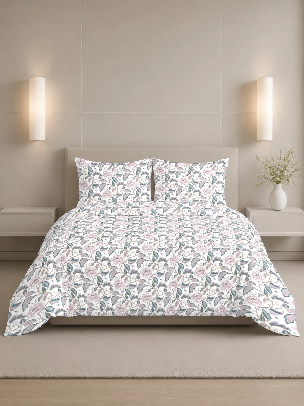 QHxHOMCOT Meadow Bloom 180 TC 100% Pure Cotton Double Bedding Set | 90x100 Inches