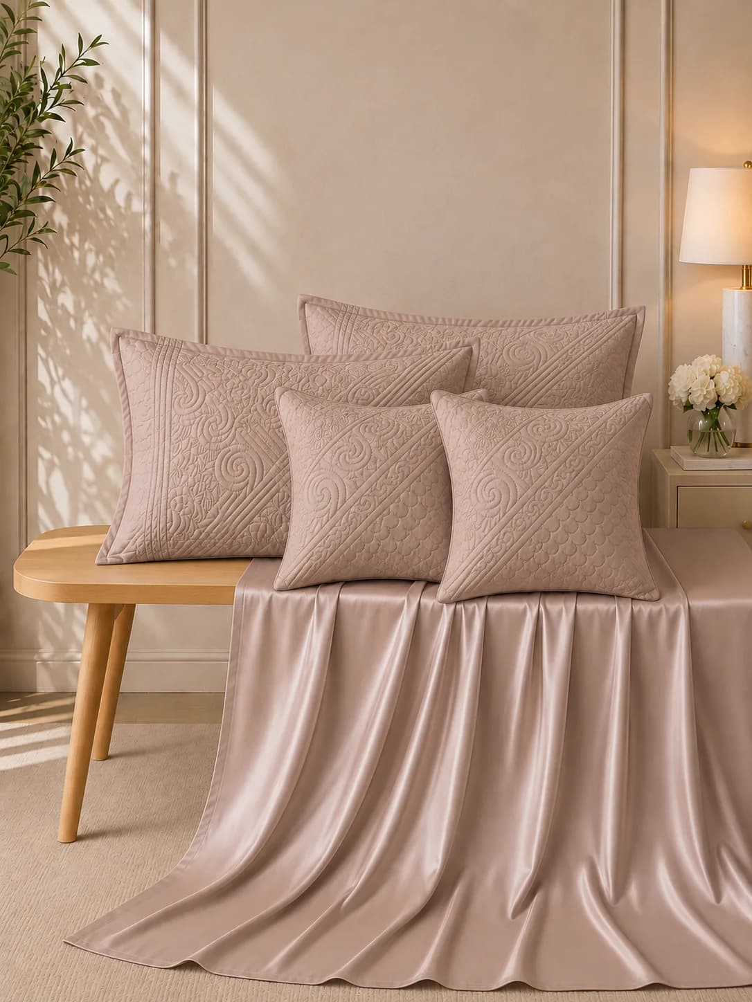 NAKSHI 300TC HAND QUILTED 5PC SUPER KING BEDDING SET | MUTED PINK