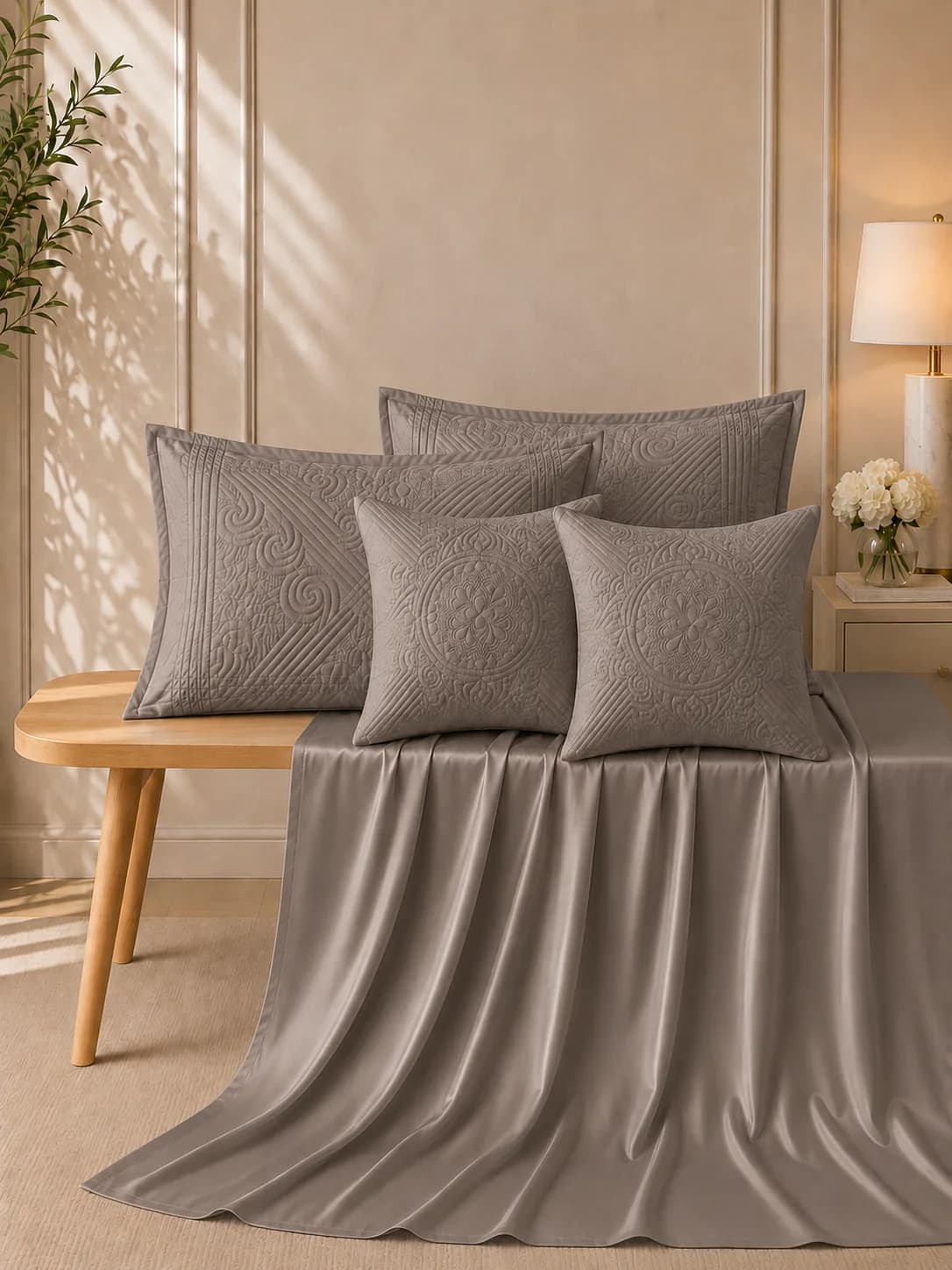 NAKSHI 300 TC 5 PIECE QUILTED BEDDING SET MOCHA BROWN