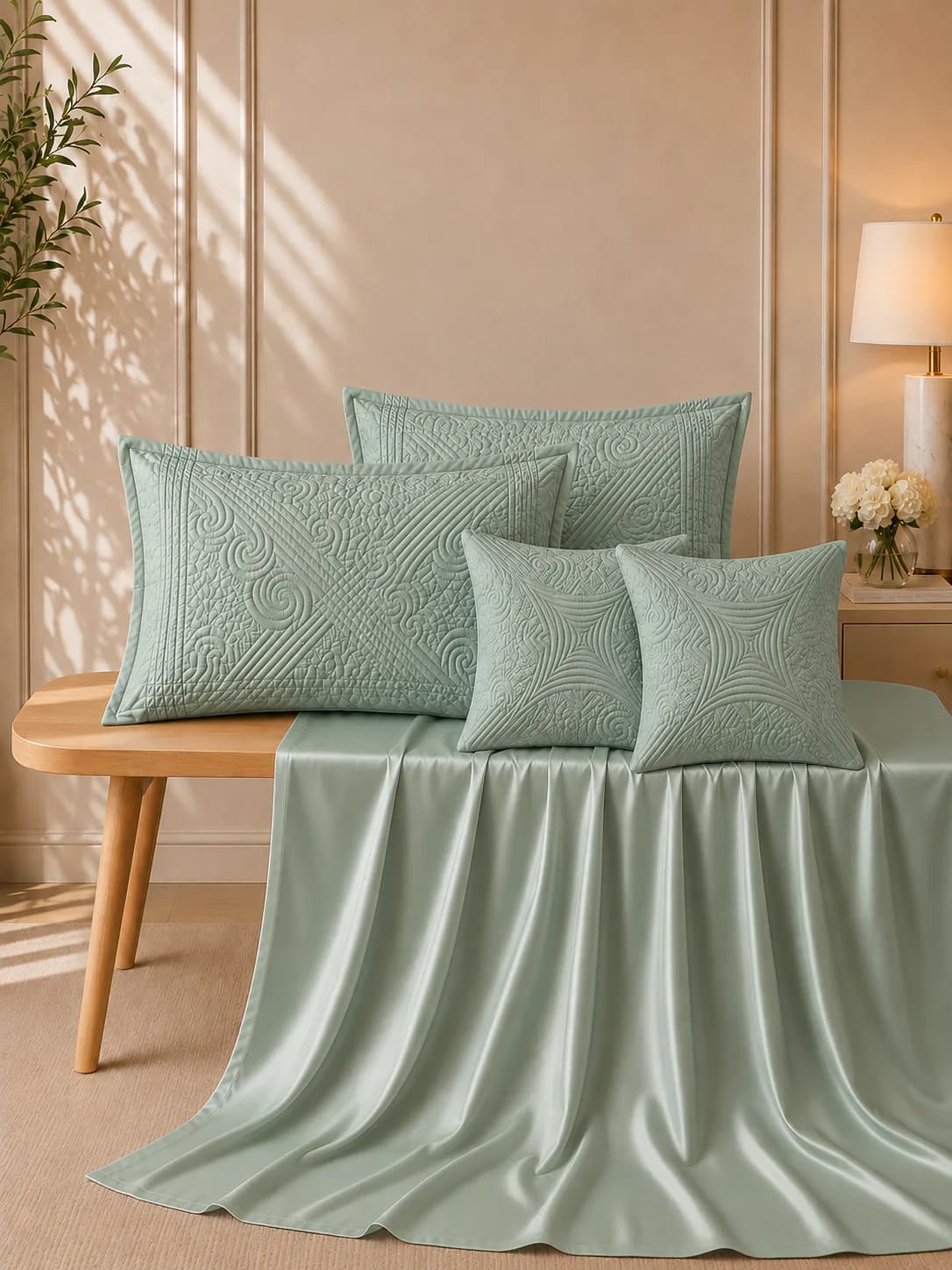 NAKSHI 300TC HAND QUILTED 5 PC SUPER KING BEDDING SET | SEAFOAM GREEN
